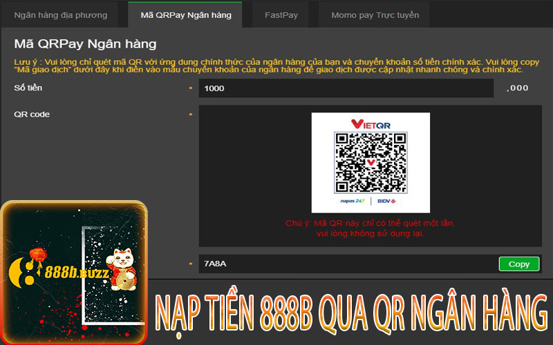 Nạp vào tài khoản 888B bằng mã QR ngân hàng